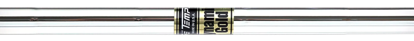Silver golf shaft with a Dynamic Gold black and gold label.